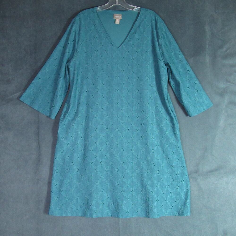 Chicos Dress Womens Size 2 Teal Crochet 3/4 Sleeve Shift Midi Boho Cottagecore